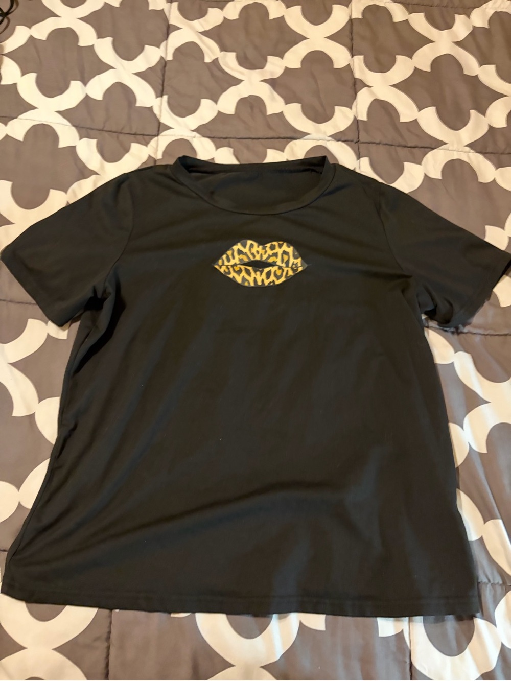 SHEIN Black Tee with Leopard Lip Applique